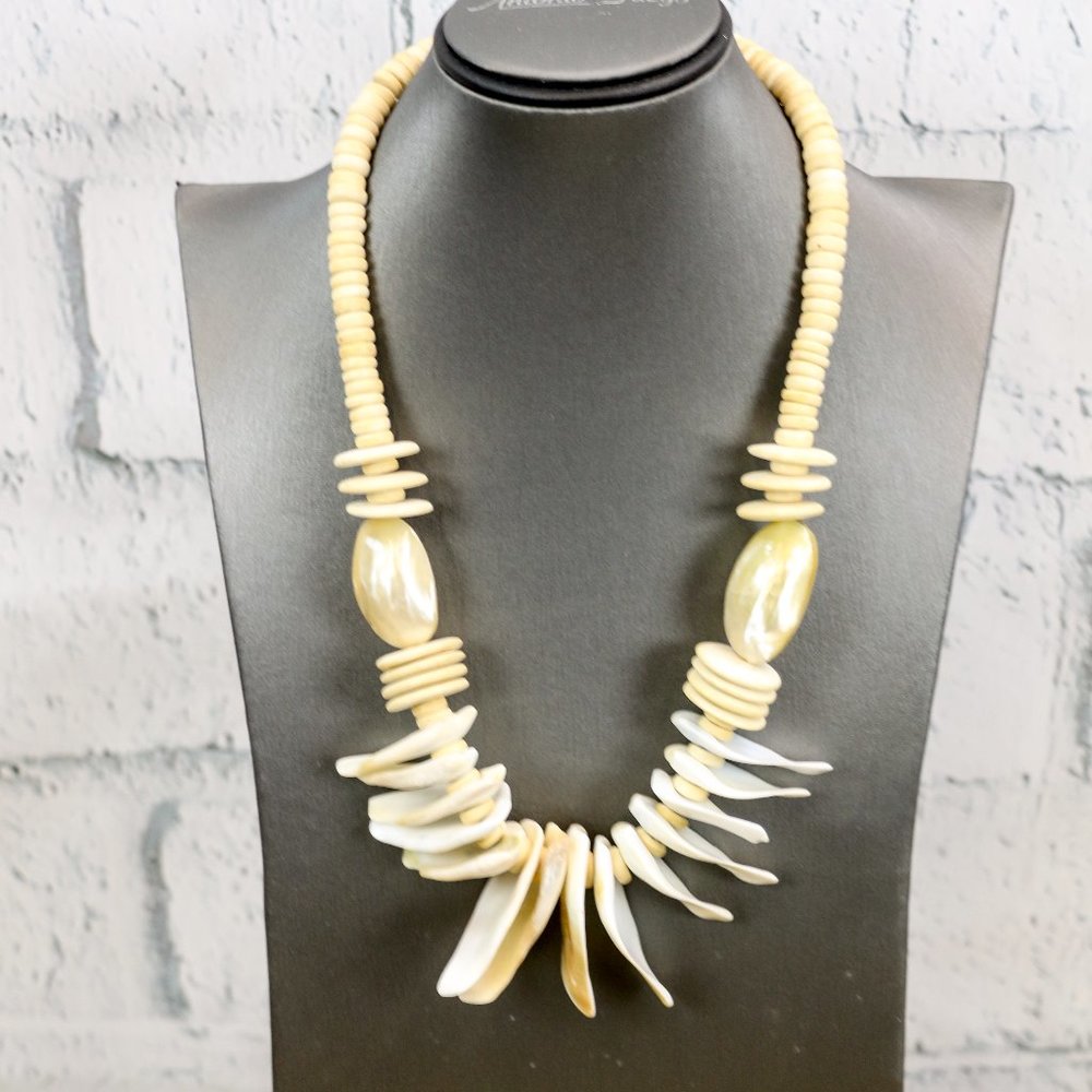 Vintage Karla Jordan Wood Bead & Shell Necklace